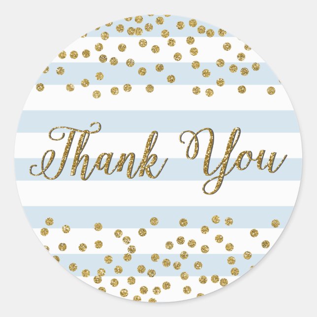 Blue White Stripe Gold Confetti Party Thank You Classic Round Sticker (Front)