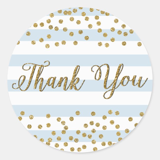 Blue White Stripe Gold Confetti Party Thank You Classic Round Sticker (Front)