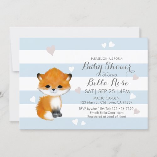 Blue White Stripe Heart Fox Baby Shower Invitation