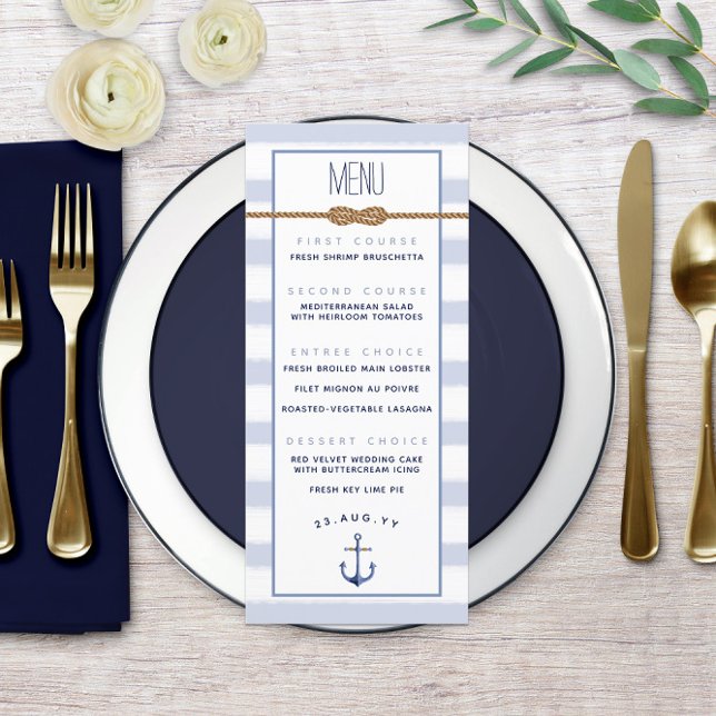 Blue White Stripe ♾ Infinity Knot Nautical Wedding Menu (♾ Infinity Knot Nautical Wedding Menu ⚓ with Light Blue and White Watercolor Stripes)