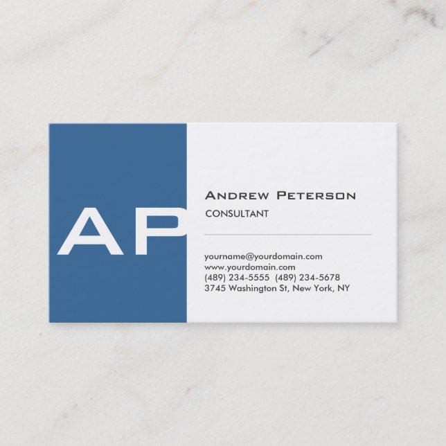 Blue White Stripe Monogram Business Card (Front)