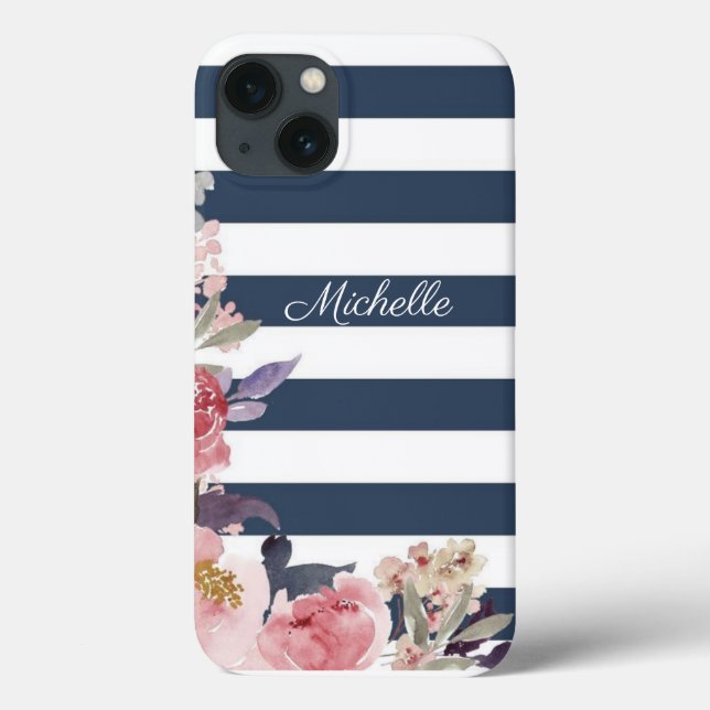 Blue & white stripe monogrammed iPhone case (Back)