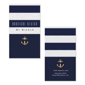 Blue & White Stripe Nautical Gold Anchor Business Card