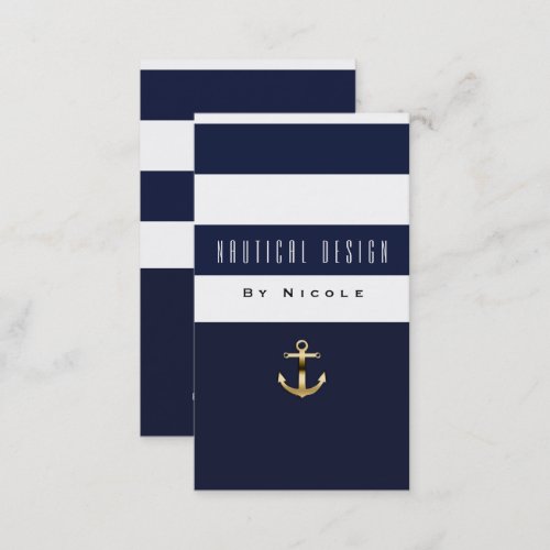 Blue  White Stripe Nautical Gold Anchor Business Card