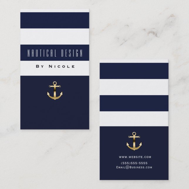 Blue & White Stripe Nautical Gold Anchor Business Card (Front/Back)