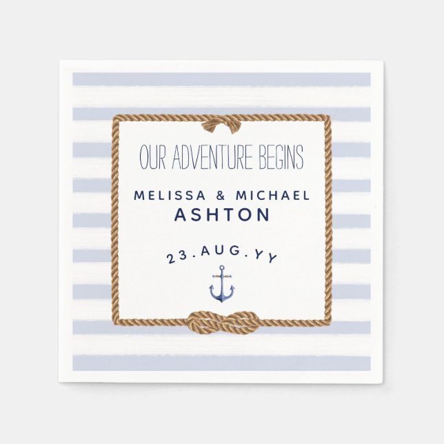 Blue & White Stripe Nautical Knot Infinity Wedding Napkins (Front)