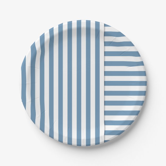 blue white stripe pattern paper plates (Front)