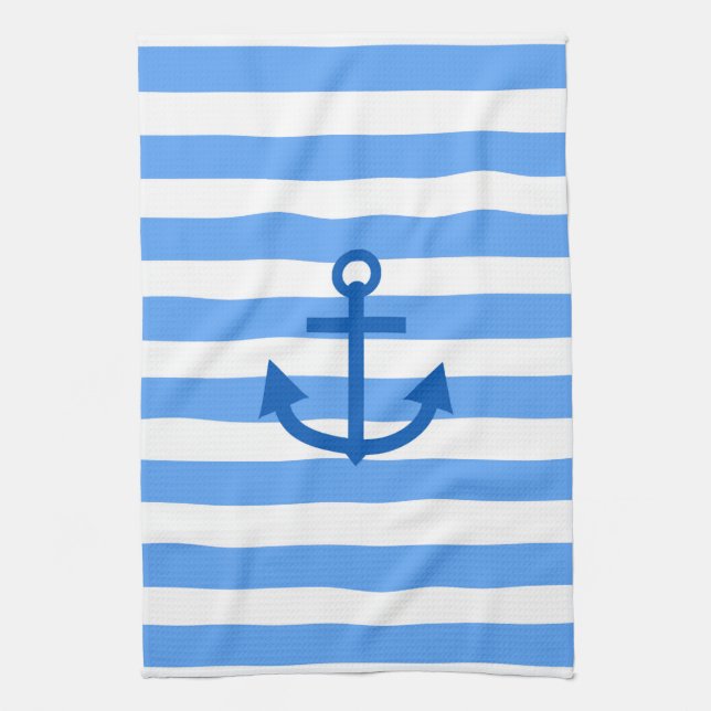 Blue & White Stripe Pattern with Anchor Kitchen Towel (Vertical)