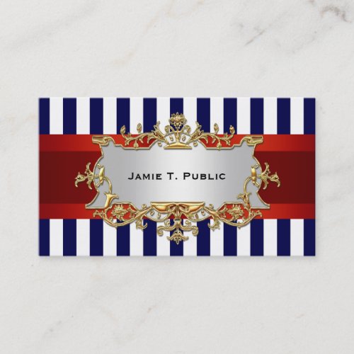 Blue White Stripe Red Ribbon Gold Framed Label Business Card