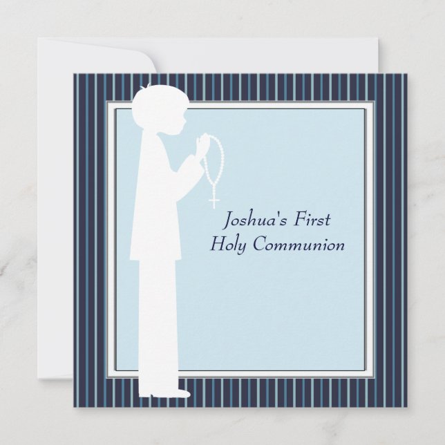 Blue White Stripe Rosary Boys First Communion Invitation (Front)