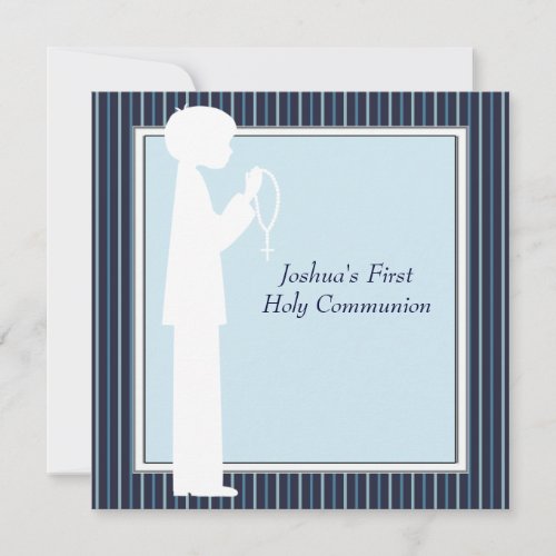 Blue White Stripe Rosary Boys First Communion Invitation