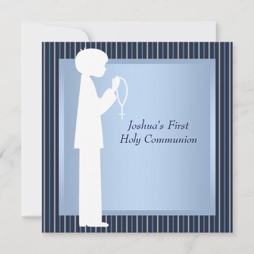 Blue White Stripe Rosary Boys First Communion Invite