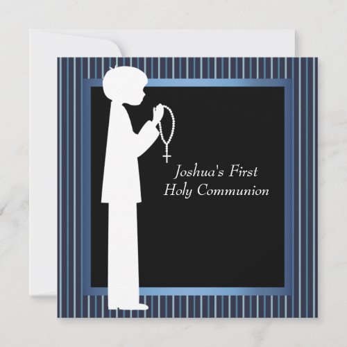 Blue White Stripe Rosary Boys First Communion Invite