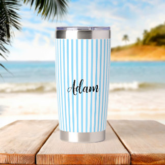 Blue White Stripe Script Name Personalized Insulated Tumbler