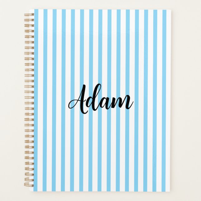 Blue White Stripe Script Name Personalized Planner (Front)