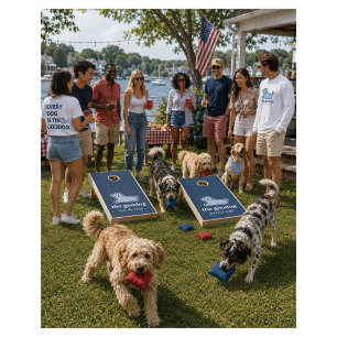 Blue & White Stripe Seersucker Dog Silhouette Navy Cornhole Set