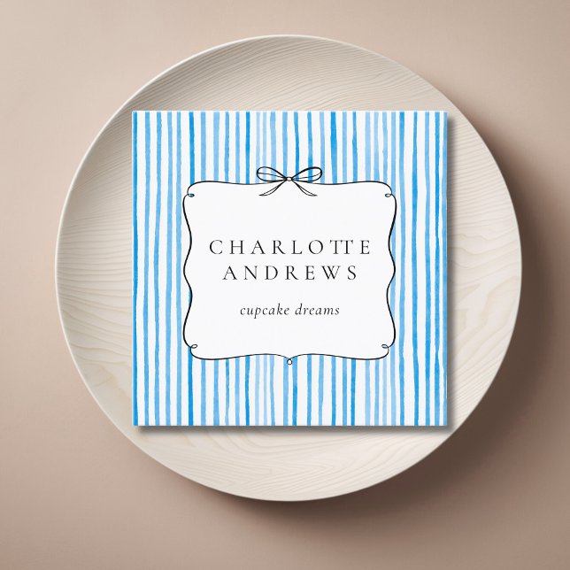 Blue White Stripe Vintage Bow  Square Business Card (Blue White Stripe Vintage Bow Square Business Card)