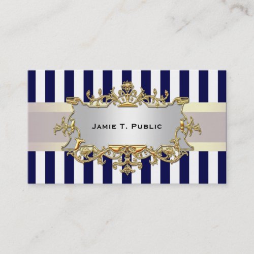 Blue White Stripe, White Ribbon, Gold Framed Label Business Card Template