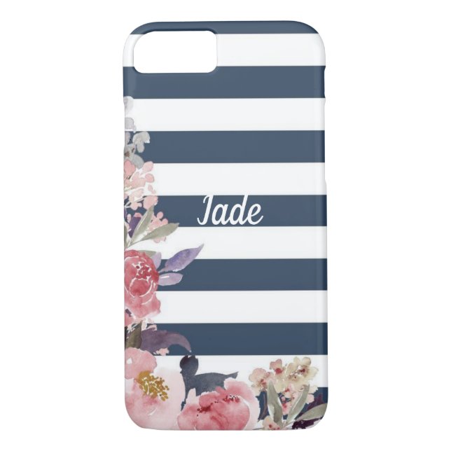 Blue & white striped flower design cell phone case (Back)