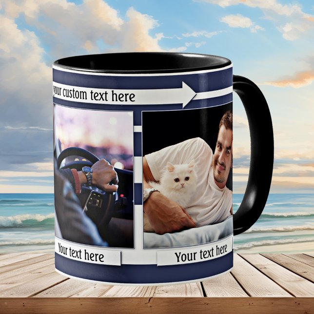 Blue White Striped His Photo Mug (Simple dark blue and white nautical striped mug with your own photos - great as a gift for him)