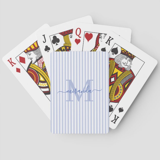 Blue & White Striped Monogram Name Poker Cards (Back)