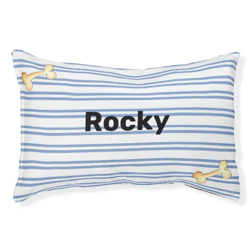 Blue White Striped Pattern Dog Bones Monogrammed Pet Bed