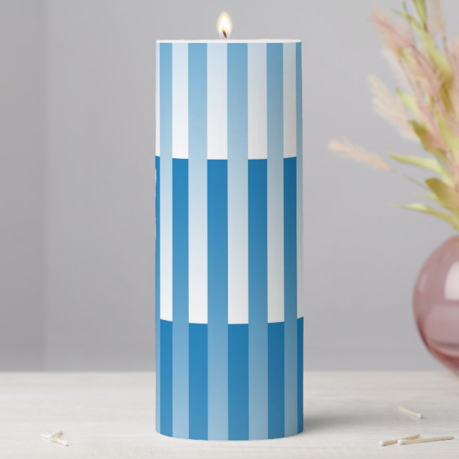 Blue White Striped Pattern Pillar Candle (In Situ)