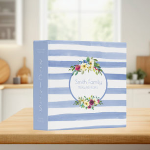 Blue White Striped Purple Yellow Floral Recipe 3 Ring Binder