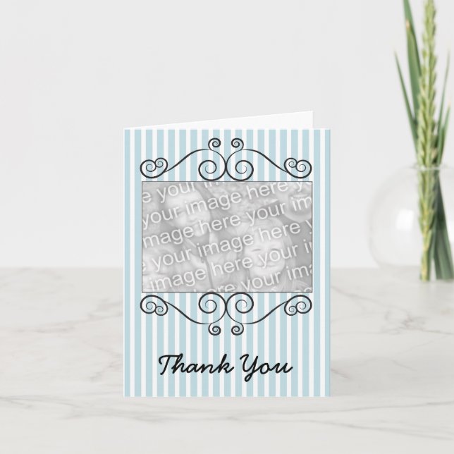 Blue & White Striped Vintage Photo Thank You Card (Front)