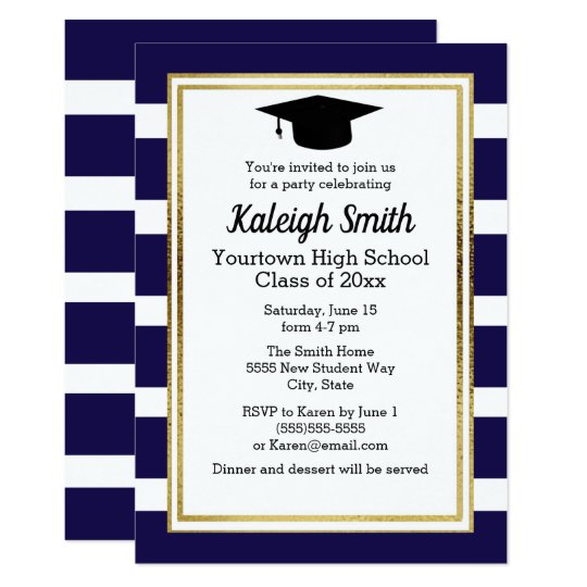 Blue White Striped with Graduation Cap Party Invitation | Zazzle.com