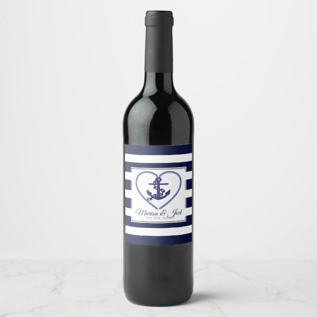 Blue & White Stripes And Anchor Wine Label (Front)
