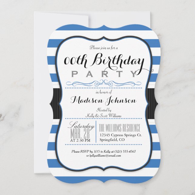 Blue & White Stripes Birthday Party Invitation (Front)