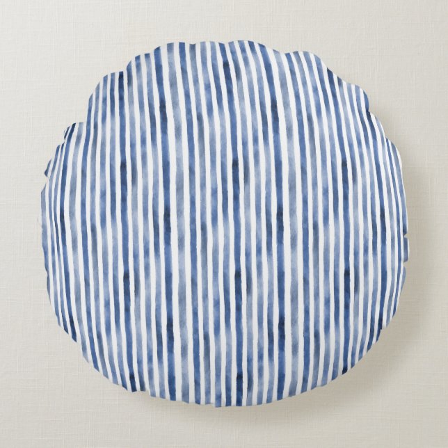Blue White Stripes Birthday  Round Pillow (Front)