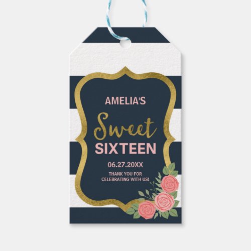 Blue  White Stripes Blush Pink Roses Sweet 16 Gift Tags