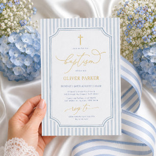 Blue White Stripes Boy Baptism Foil Invitation