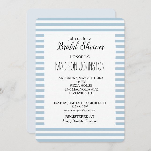 Blue White Stripes Bridal Shower Invitation (Front/Back)