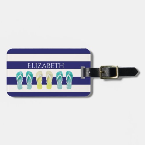 Blue white stripes flip flop beach name luggage tag