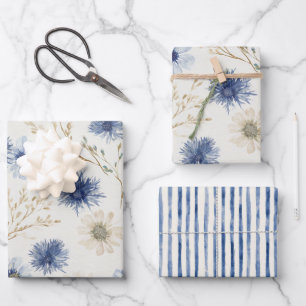 Blue White Stripes Floral Bridal Shower Wrapping Paper Sheets