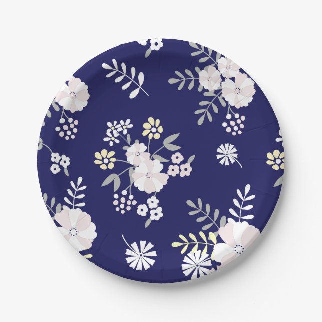 Blue & White Stripes Floral Paper Plates (Front)