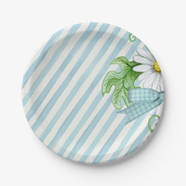 Blue & White Stripes Floral Paper Plates (Front)