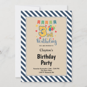 Blue/White Stripes Framed 3rd Birthday Party Invitation