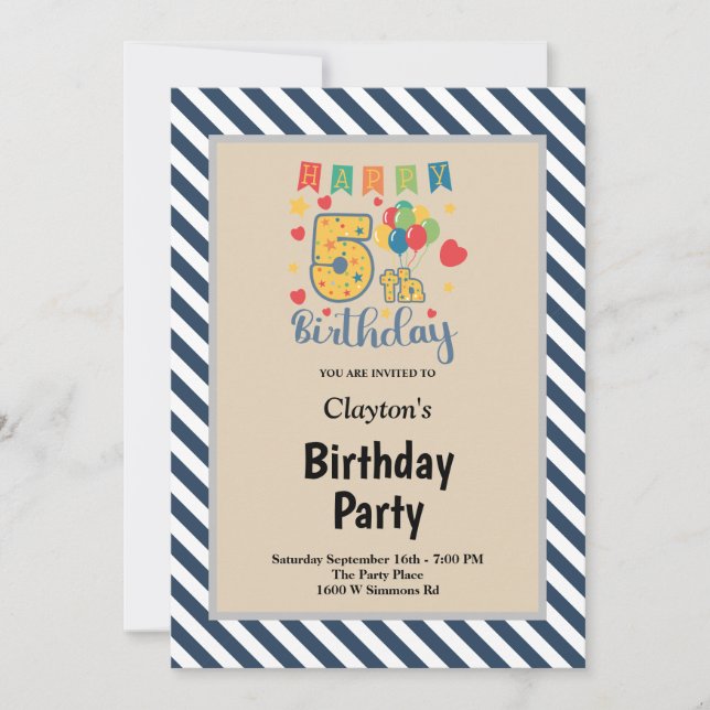 Blue/White Stripes Framed 5th Birthday Party Invitation (Front)