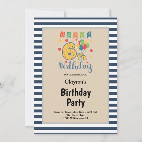 BlueWhite Stripes Framed 6th Birthday Party Invitation