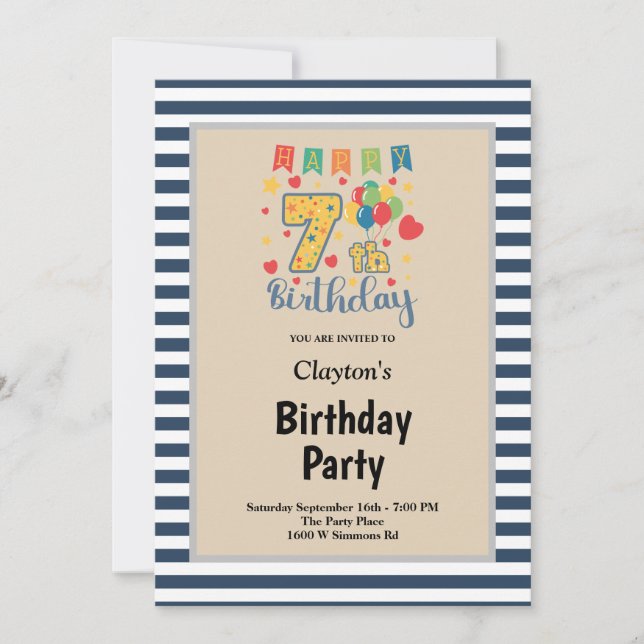 Blue/White Stripes Framed 7th Birthday Party Invit Invitation (Front)