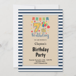 Blue/White Stripes Framed 7th Birthday Party Invit Invitation