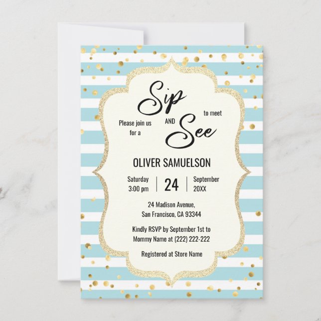 Blue White Stripes Gold Black BABY SIP and SEE Invitation (Front)