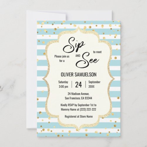 Blue White Stripes Gold Black BABY SIP and SEE Invitation