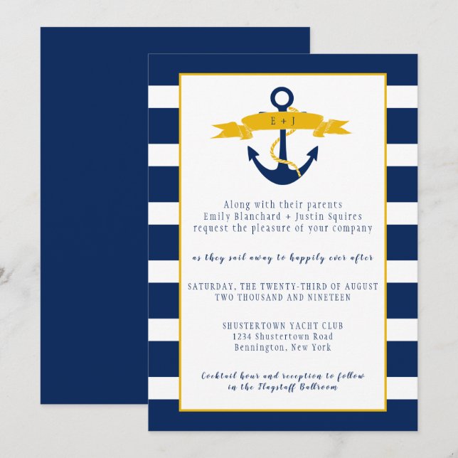 Blue White Stripes Gold Details Nautical Wedding | Invitation (Front/Back)
