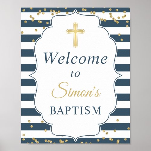 Blue White Stripes Gold Glitter Baptism Welcome Poster