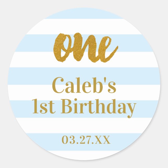 Blue & White Stripes Gold ONE 1st Birthday  Classic Round Sticker (Front)